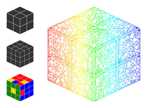 Spectral colorful net mesh 3d cube. Hatched carcass flat net geometric image based on 3d cube icon, made with intersected lines. Bright net mesh icon.