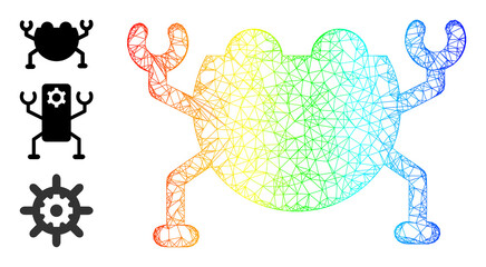 Spectrum colorful network artificial nanobot. Wire frame 2d network geometric symbol based on artificial nanobot icon, made with crossed lines. Bright wire frame icon.