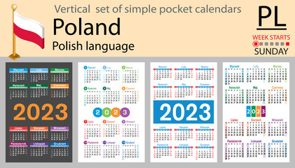 Polish vertical pocket calendar for 2023. Week starts Sunday