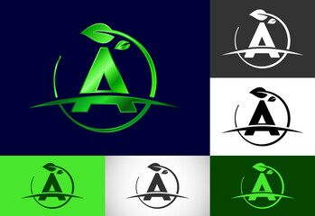 Initial A monogram alphabet with circle leaf and swoosh. Eco-friendly logo concept. Modern vector logo for ecological business and company identity