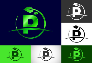 Initial P monogram alphabet with circle leaf and swoosh. Eco-friendly logo concept. Modern vector logo for ecological business and company identity