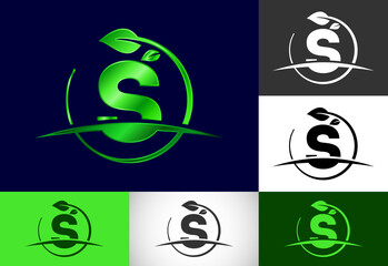 Initial S monogram alphabet with circle leaf and swoosh. Eco-friendly logo concept. Modern vector logo for ecological business and company identity