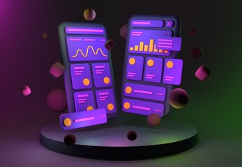 3d mobile phones with applications on dark background