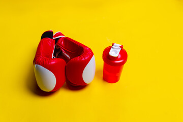 Gloves red boxer yellow sheker pace blue isolated cast, concept healthy lifestyle bodybuilding...