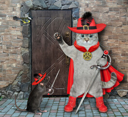 An ashen cat dressed in a red musketeer costume with a sword is standing at a door of castle.