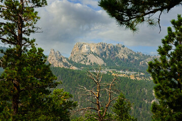 Distant Mt Rushmore seen through trees from an overlook