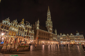 Brussels City Hall by night and Grand Place