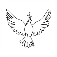 Dove vector illustration in one line style. The bird symbolizes peace and hope. A dove with an olive branch and open wings as a symbol of freedom. Bird in flight.