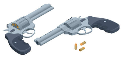 Isometric set revolvers firearms guns. Pistol revolver isolated on white background. - obrazy, fototapety, plakaty