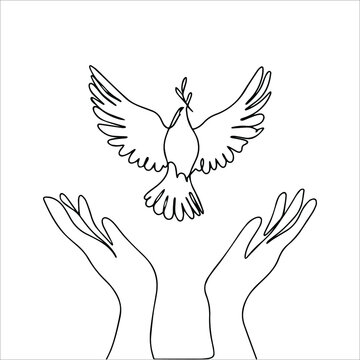 Vector illustration of hands. World Peace Day. Freedom, hands releasing a dove. Dove with an olive branch. Symbol of peace and kindness. Drawing in one line style.
