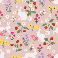 Bunny rabbit and meadow flower seamless pattern, colorful hand drawn vector digital paper background for fabric, textile, stationery, wallpaper.