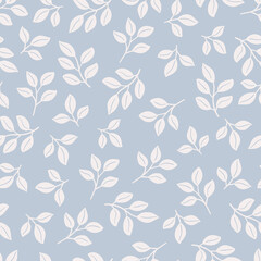 Fototapeta na wymiar Abstract seamless pattern with floral branches with leaves on delicate blue vector background for fabric, wallpaper, textile, stationery print