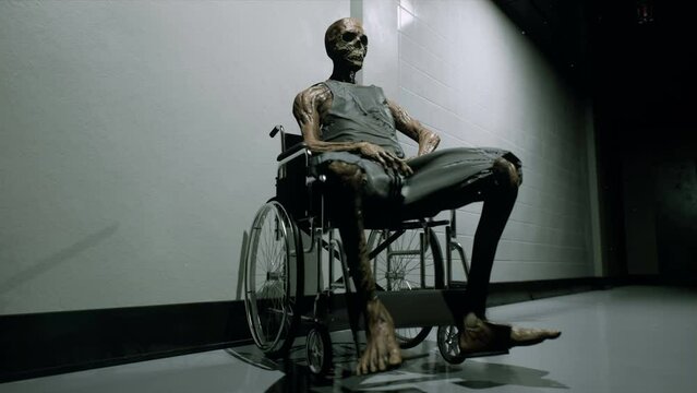 A skeleton sits in a wheelchair in an abandoned medical building. The corridor of a deserted, mysterious medical center. The animation is perfect for apocalyptic, military and sci-fi backgrounds.