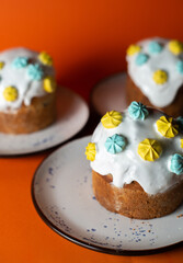 Delicious Easter cake on orange background