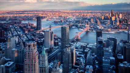 Sunset over Brooklyn, Manhattan and Williamsburg Bridges. New york city from One world Observatory, Manhattan NYC © Peo