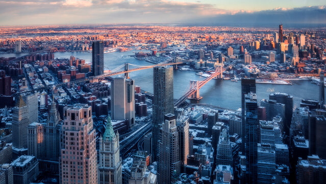 Sunset over Brooklyn, Manhattan and Williamsburg Bridges. New york city from One world Observatory, Manhattan NYC
