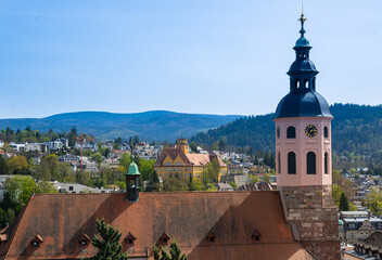 View of the collegiate church in Baden Baden. Seen from the new castle. Baden Wuerttemberg,...