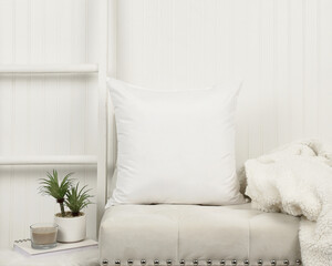 white room bench pillow white mockup front with beautiful background. Ready to replace your design