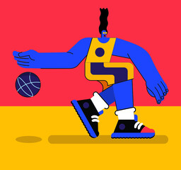 trendy flat character of a male basketball player with a ball, vector illustration