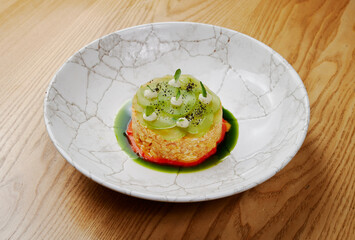 beautiful modern canned food with kiwi and herbs