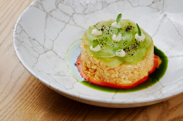 beautiful modern canned food with kiwi and herbs