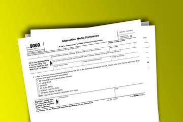 Form 9000 documentation published IRS USA 11.19.2021. American tax document on colored