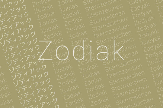 Word Zodiak in languages of world. Logo Zodiak on Dark gray brown color