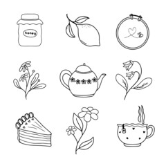 Tea time set with cute cake sliced lemon and honey on outline style