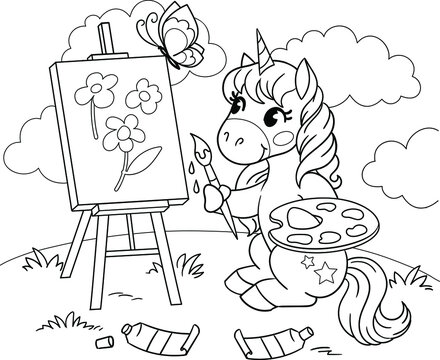 Cute pony with palette and easel. Artist painting flowers. Vector outline for coloring
