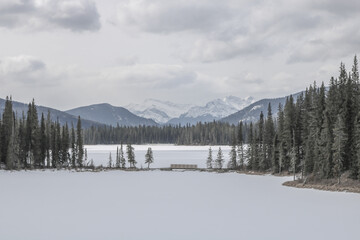 Fototapeta na wymiar Frozen lake in Canadian rocky mountains during winter