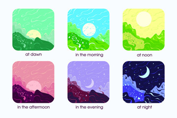 Mountains landscape illustration of beautiful landscape views. Morning, night, sunrise, dawn, sunset, dusk, noon. Nature landscapes at different day times in flat cartoon style.