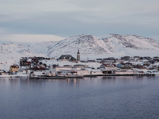 Mehamn village on the Vedvik Peninsula, Norway, in winter