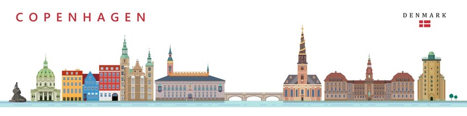 Copenhagen city landmarks flat vector illustration, historical buildings. - obrazy, fototapety, plakaty