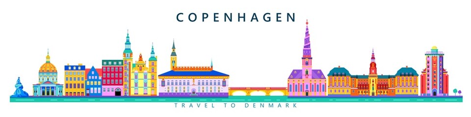 Denmark, Copenhagen skyline with color landmarks and white background, Business travel concept vector illustration.