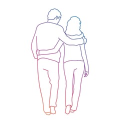 Fototapeta na wymiar Happy couple walking and hugging each other. Rainbow gradient.