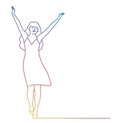 Obraz na płótnie Canvas Beautiful slim woman in a dress walks forward, holding arms up. Rainbow gradient.