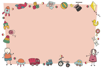 Hand drawn happy kids for childrens day Background with cute toys frame and editable blank space