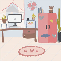 Hand drawn kid girl room interior illustration