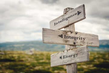 intelligence integrity energy text quote written in wooden signpost outdoors in nature. Moody theme...