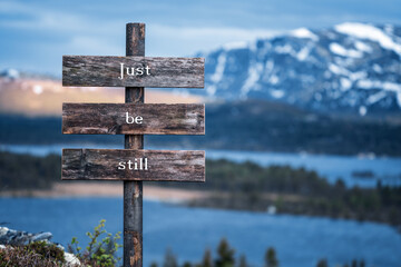just be still text quote written on wooden signpost outdoors in nature with lake and mountain scenery in the background. Moody feeling.