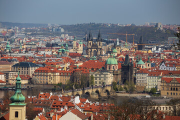 Naklejka na ściany i meble Spring Prague City with colorful Trees from the Hill Petrin, Czech Republic