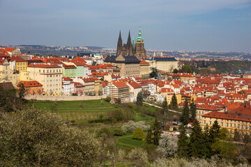 Spring Prague City with gothic Castle and the colorful Nature with flowering Trees from the Hill Petrin, Czech Republic