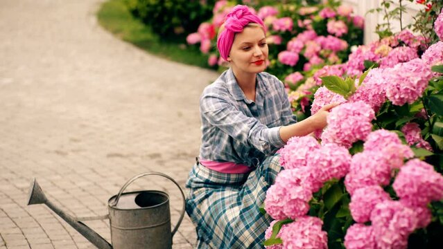 Gardening ib backyard. Happy young gardener selecting hydrangea plants. Cheerful blond woman planting flowers in garden.