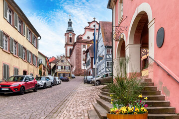 Ettenheim, view to the St. Bartholomew's Church with town hall on the right, Ortenaukreis, Baden-Württemberg, Germany - obrazy, fototapety, plakaty