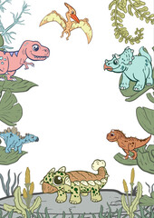 diseño de invitación con dinosaurios herbívoros y carnívoros super simpáticos. © PabloIlustrado