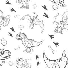 Tierno motivo infantil de dinosaurios jurásicos carnívoros, Tiranosaurio rex, Carnotauro, Velociraptor y Dilophosaurus.