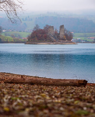 Island Ile de Ogoz on Greyerzersee in Canton Fribourg, Switzerland. Autumn, mist.