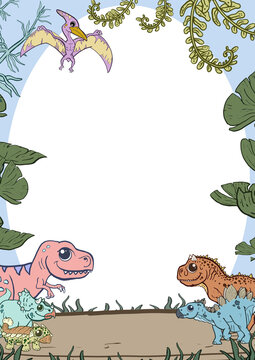 diseño de invitación con dinosaurios herbívoros y carnívoros super simpáticos.
