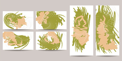 Elegant creative card templates set art painting watercolor. Collection of romantic invitations with gold abstraction background line color
