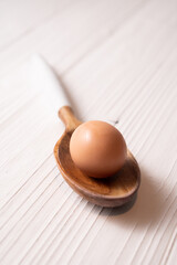 Brown chicken egg and a wood spoon.